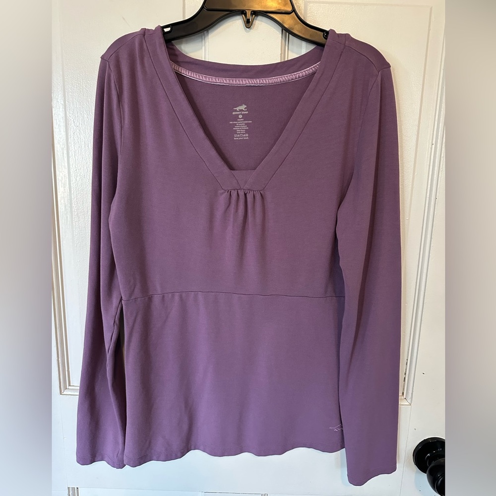Horny Toad Womens Long Sleeve Mambo Shirt Purple V Neck Peplum Size Small‎